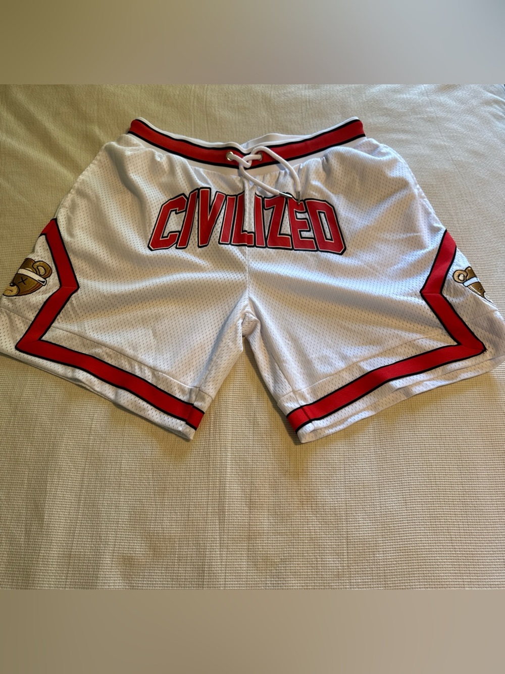 Civilized Mesh Basketball Shorts White Red Bear Patch Streetwear Men’s Large